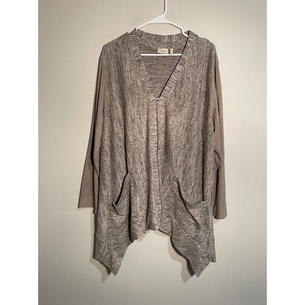 LOGO by Lori Goldstein Asymmetrical Hem Mixed Media Knit Cardigan Tunic Size 1X